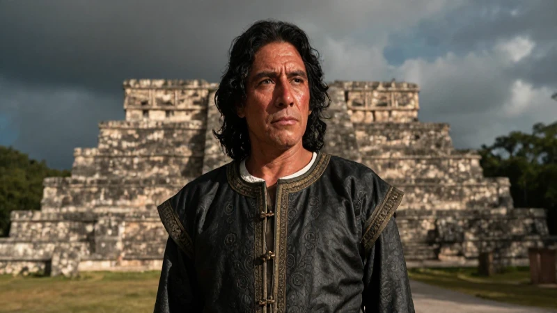 Alvarado en ruinas mayas, luz dramática