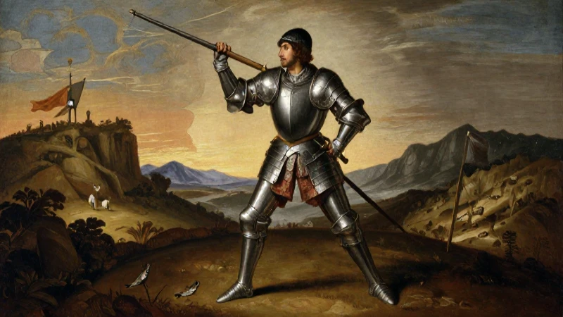 Alvarado, conquistador, en paisaje guatemalteco renacentista