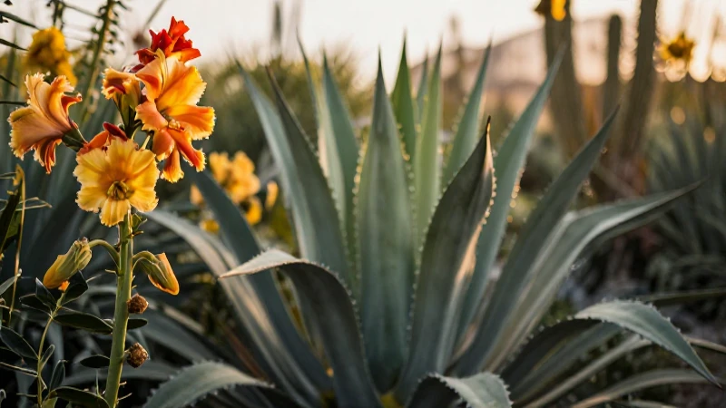 Ilustración botánica cálida de agave y flores
