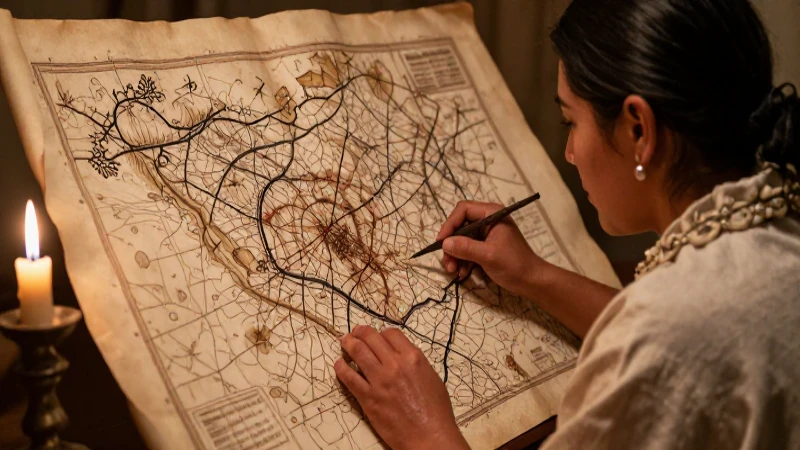 Descubre los Territorios Ocultos de la Nueva España 2 Un cartógrafo mestizo observa un mapa antiguo