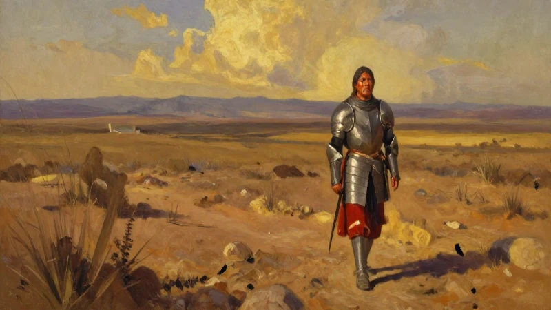 Descubre los Territorios Ocultos de la Nueva España 3 Conquistador en paisaje árido mexicano al atardecer