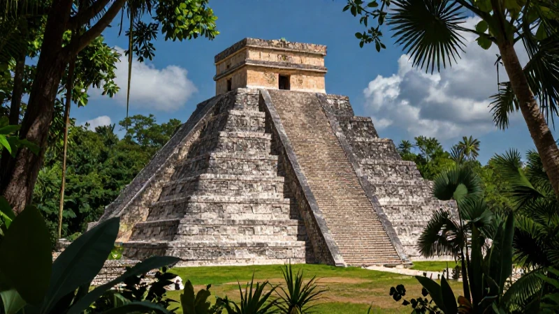 Descubre los Territorios Ocultos de la Nueva España 11 Pirámide azteca, selva exuberante, luz cinematográfica