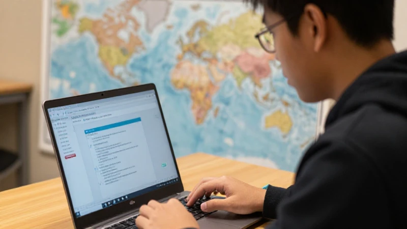 Estudiante estudia con laptop y mapa mundial