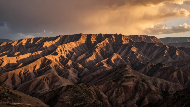 Paisaje dramático: montañas, meseta y cielo cálido