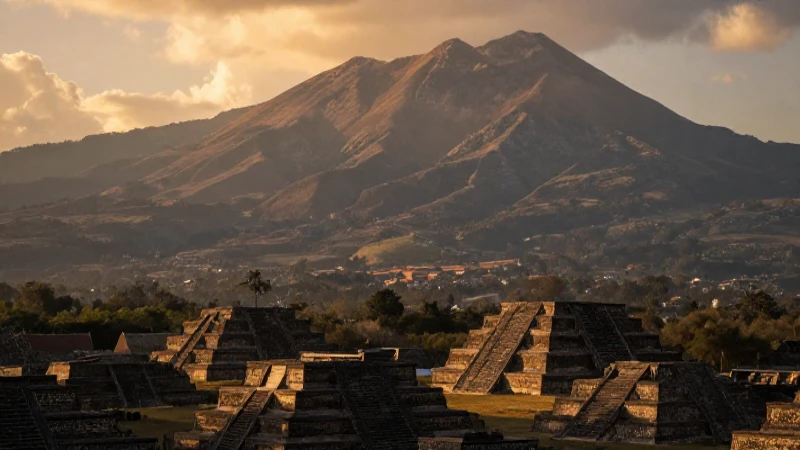 Montañas imponentes, pirámides y luz dorada