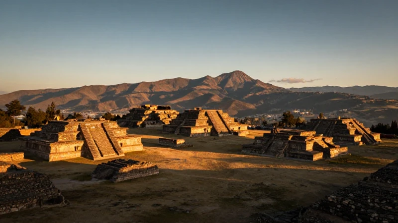 Paisaje oaxaqueño con ruinas y luz dorada