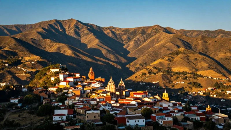 Pueblo oaxaqueño, montañas, luz dorada vibrante