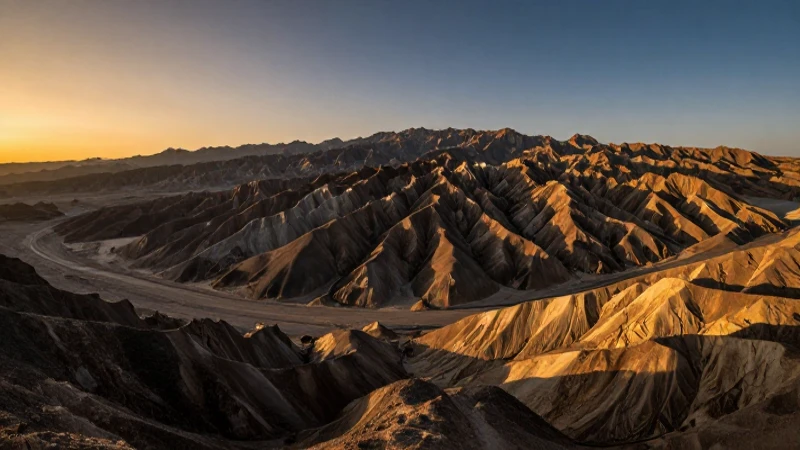 Montañas escarpadas, desierto realista y luz dorada