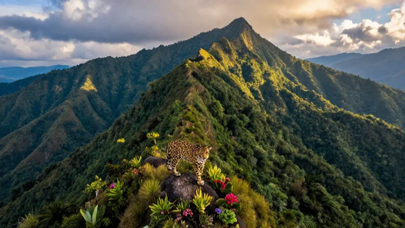 OROGRAFÍA DE CHIAPAS: DESCUBRE SUS IMPRESIONANTES RELIEVES 2 Un jaguar domina paisajes montañosos chiapanecos exuberantes