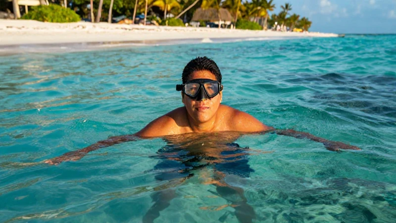 Paraíso tropical mexicano, luz dorada y snorkel