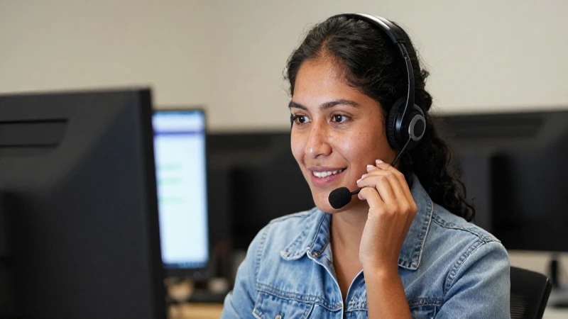 Representante de servicio al cliente, sonriendo preocupada