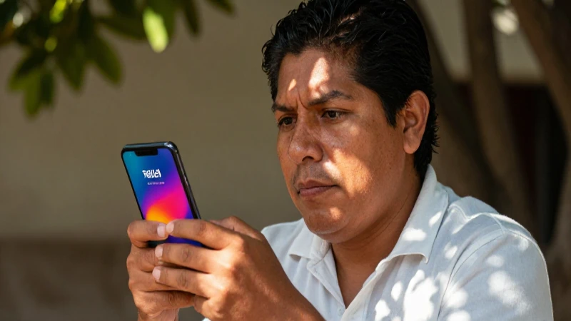 Mexicano, con piel bronceada, usa su móvil