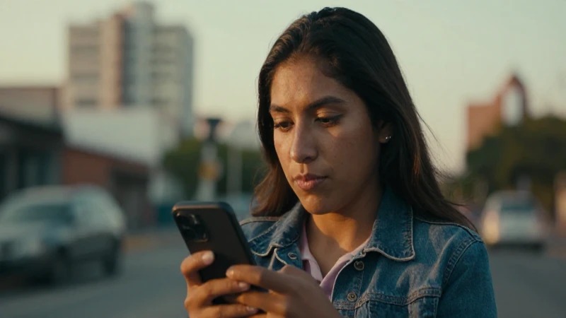 Joven mestiza, radiante, con móvil a contraluz