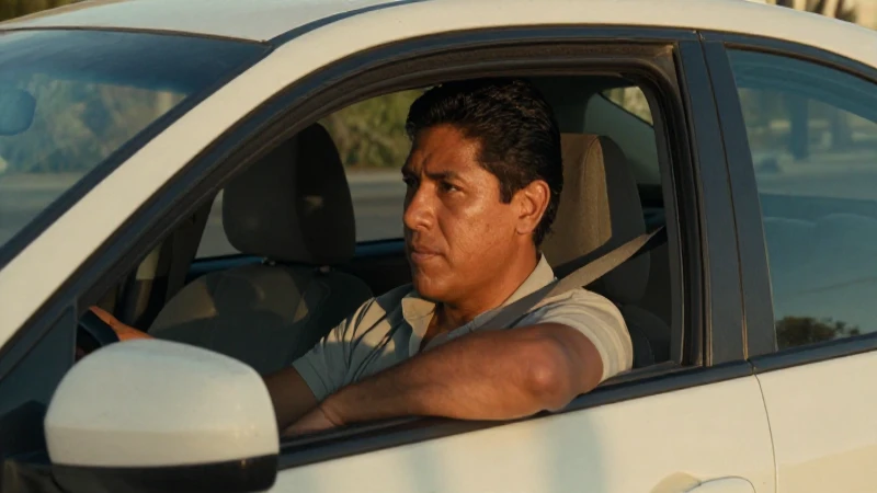 Conductor mestizo en un sedán, luz dorada