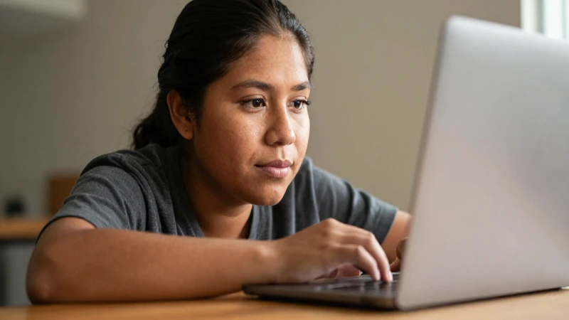 Mexicana, tez dorada, trabajando cómodamente
