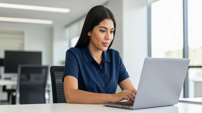 Mujer mestiza trabaja en oficina moderna