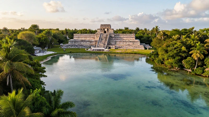 Laguna exuberante, ruinas mayas, luz dorada