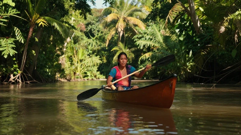Canoa en río, selva exuberante y luz cálida