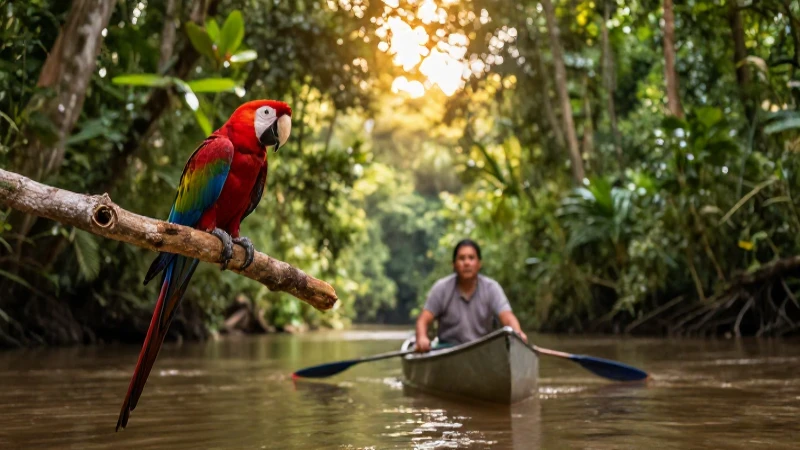 RIOS DE NAYARIT: DESCUBRE sus BELLEZAS y RIQUEZAS OCULTAS 4 Río selvático, guacamayo escarlata en la tarde