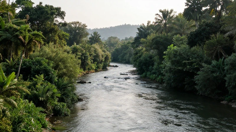 Río, valle verde y luz matutina natural