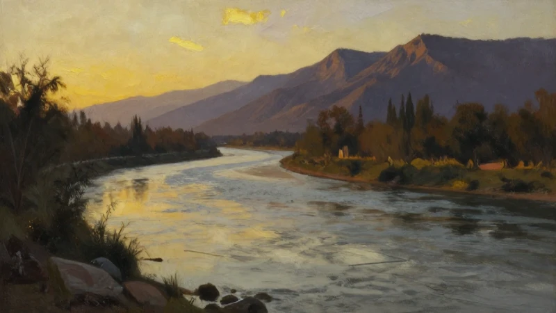 Paisaje fluvial, montañas, luz dorada, realista