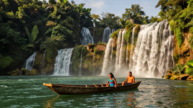 Río exuberante, cascada dorada y belleza natural