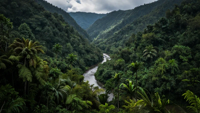 Selva exuberante, río sinuoso, iluminación dramática
