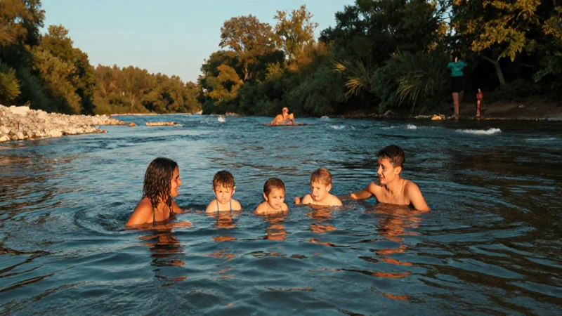 Familia joven en río, luz dorada y vibrante