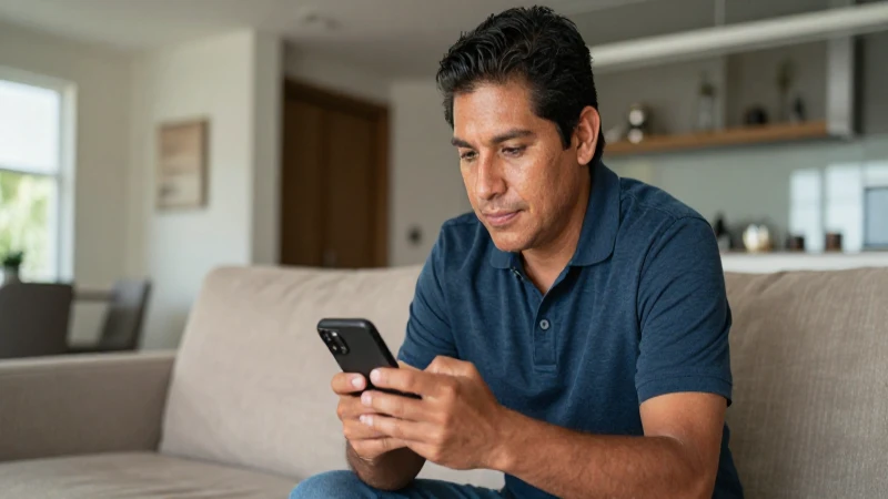 Mexicano con smartphone en salón moderno