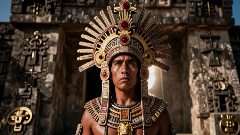 Ruta de Cortés: Descubre la HISTORIA de Tenochtitlan 7 Moctezuma II, con ornamentos, emerge fotorealista
