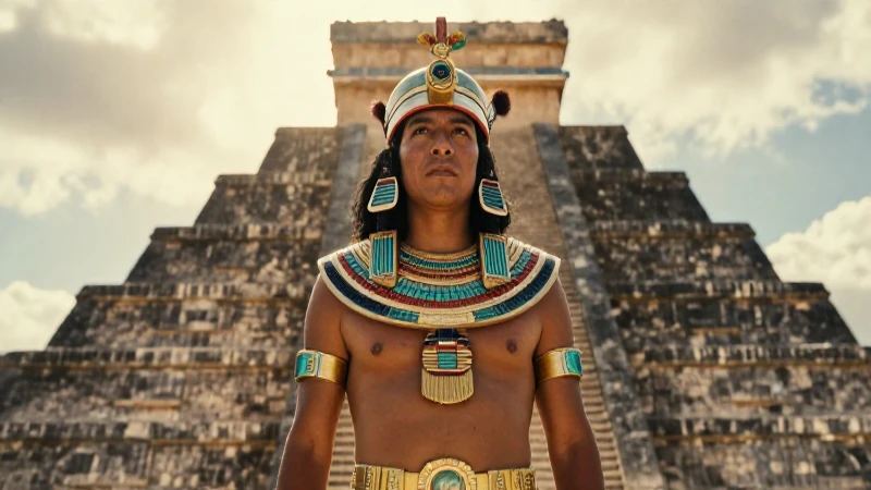 Ruta de Cortés: Descubre la HISTORIA de Tenochtitlan 5 Guerrero azteca en pirámide, iluminación vibrante