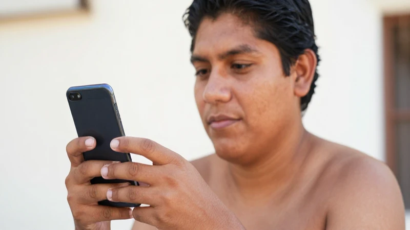Joven mestiza revisa saldo en su móvil