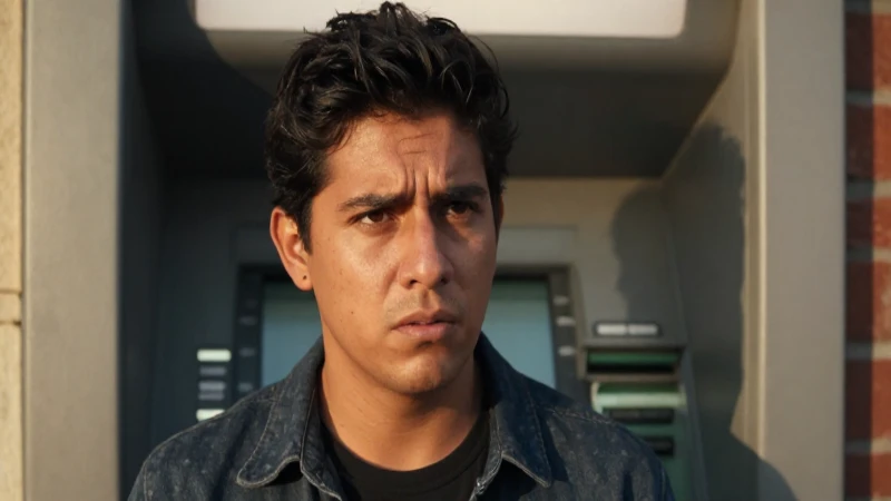 Joven mexicano frustrado frente al cajero automático