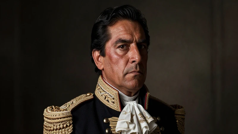 Retrato dramático de Santa Anna, sombrío y barroco