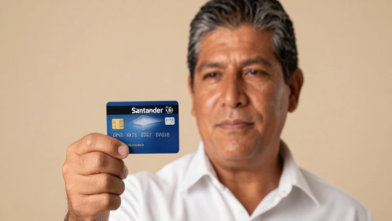 Mujer mestiza, con tarjeta Santander, luz cálida