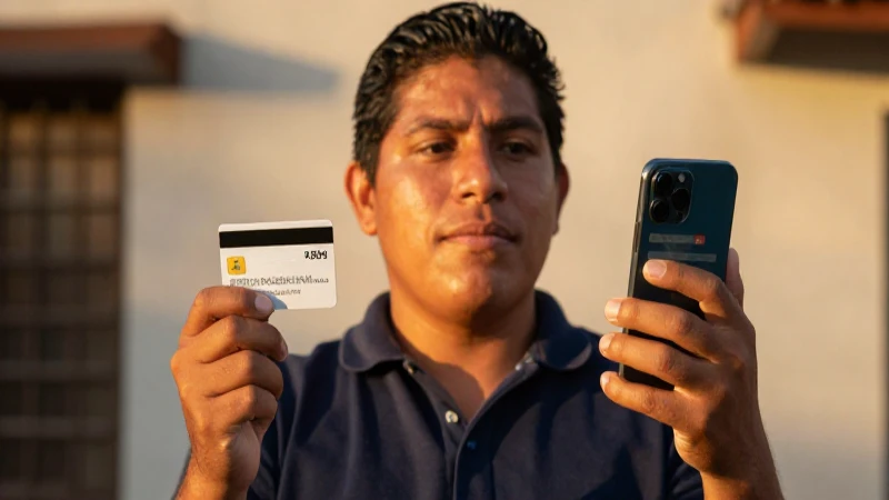 Joven mestiza sonríe con su app bancaria