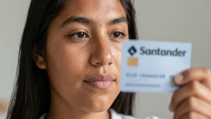 Persona mestiza, banco Santander y luz cálida