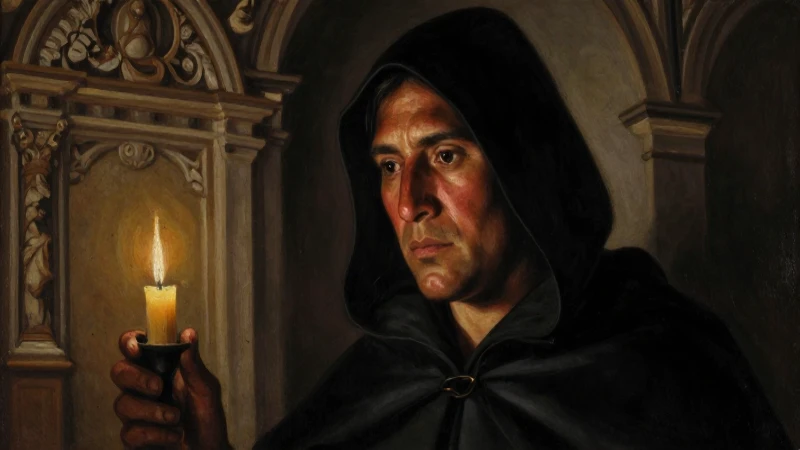 Inquisidor mestizo en una sala sombría