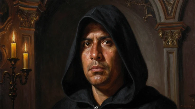Inquisidor mestizo en óleo, oscuro y dramático