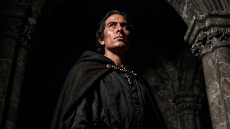Inquisidor mestizo, dramático y amenazante en penumbra
