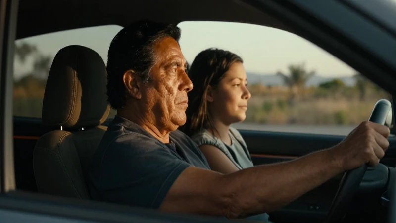 Familia hispana conduce al atardecer, cinematográfico