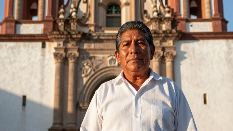 Retrato mestizo, iglesia colonial y luz dorada