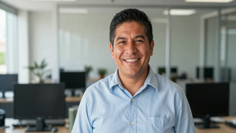Persona mexicana sonríe en un moderno despacho