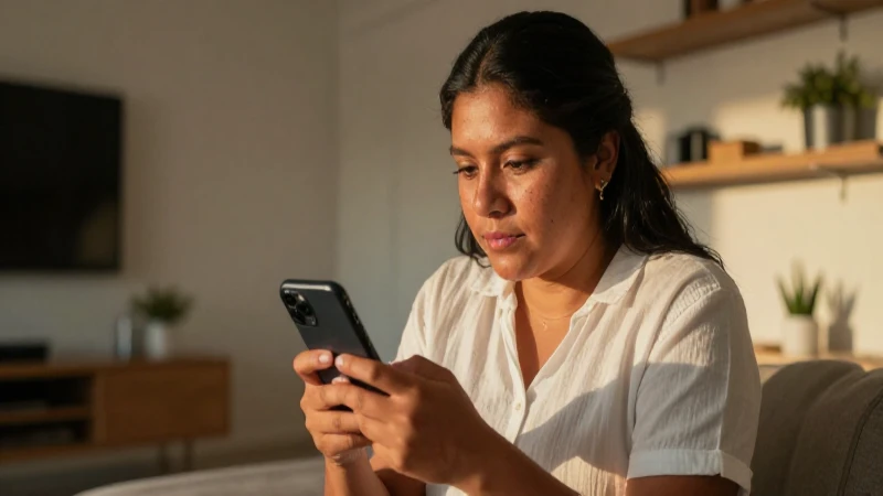 Joven mestiza usa su móvil al atardecer