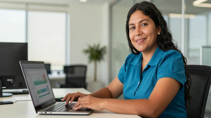 Mujer mestiza trabaja en oficina moderna
