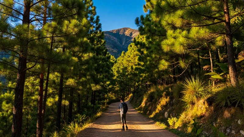 Bosque mexicano, sendero, luz dorada, vistas amplias