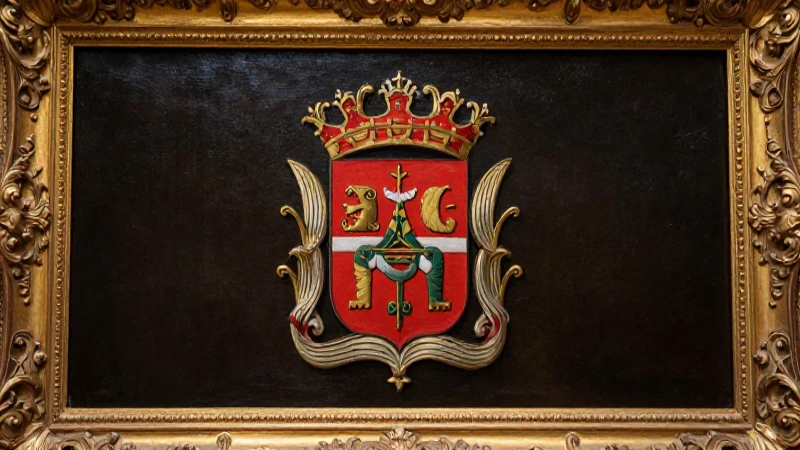 Retrato histórico del escudo Hidalgo, dorado y detallado