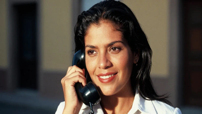 Mujer mestiza sonriente con teléfono antiguo