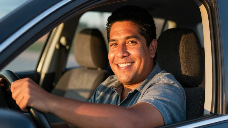 Hombre mestizo sonríe en un coche soleado