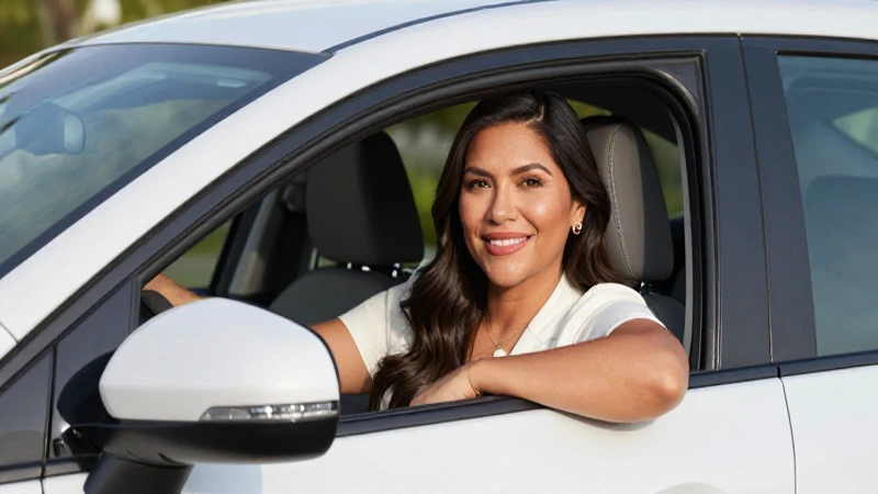 Mujer mestiza sonriente, luz natural, auto moderno